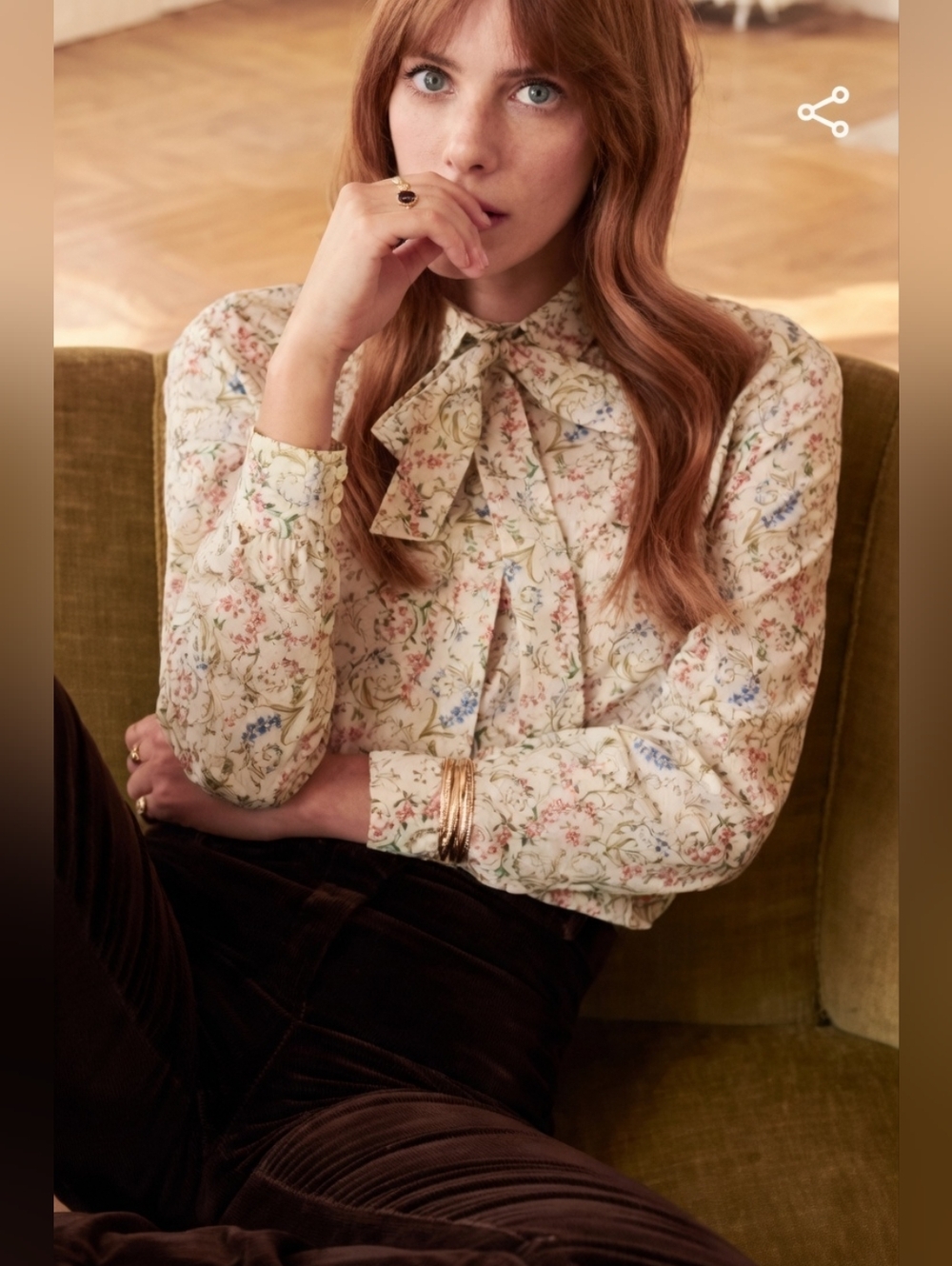 NWT Sezane Lady Shirt in Liberty Blue Rouge Floral Tie Neck Button Down 36 / 4